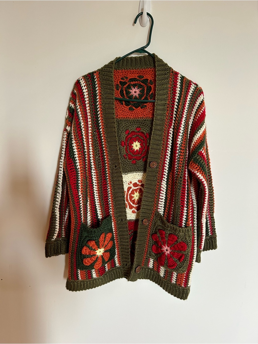 Olive Floral Patchwork Crochet Cardigan - Women's Button Front Sweater